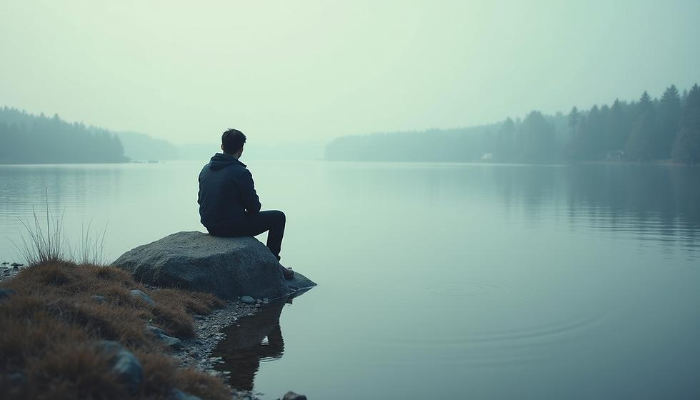 A person sitting on a rock beside a quiet lake, looking toward the distant shore