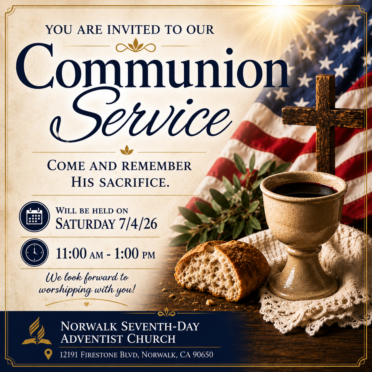 Communion Service flyer — Saturday July 4