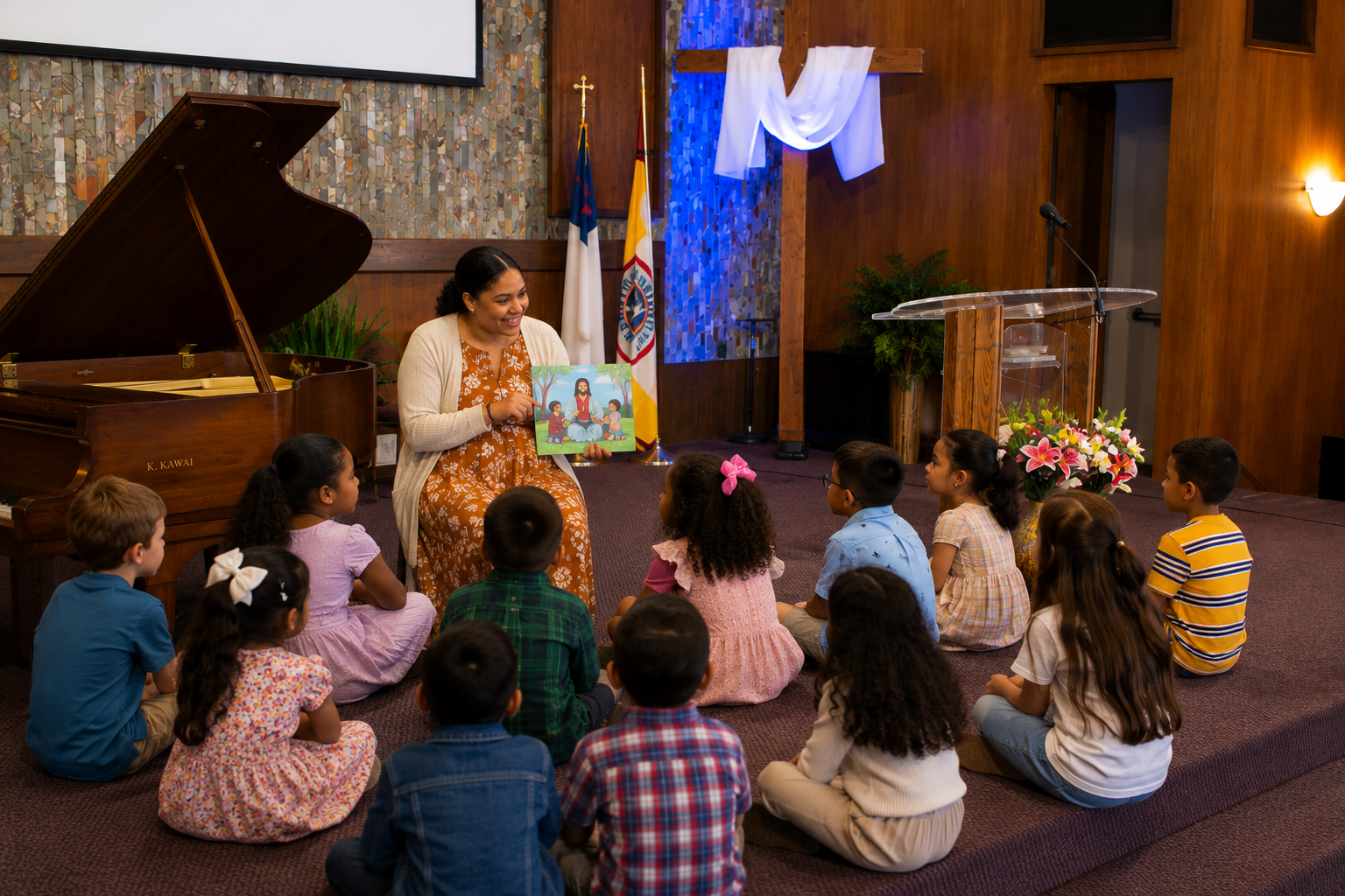 Woman sharing a Bible story with children during church